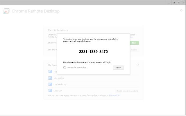 Bạn cần thiết lập mã truy cập tạm thời khi sử dụng Chrome Remote Desktop trên Chrome OS.